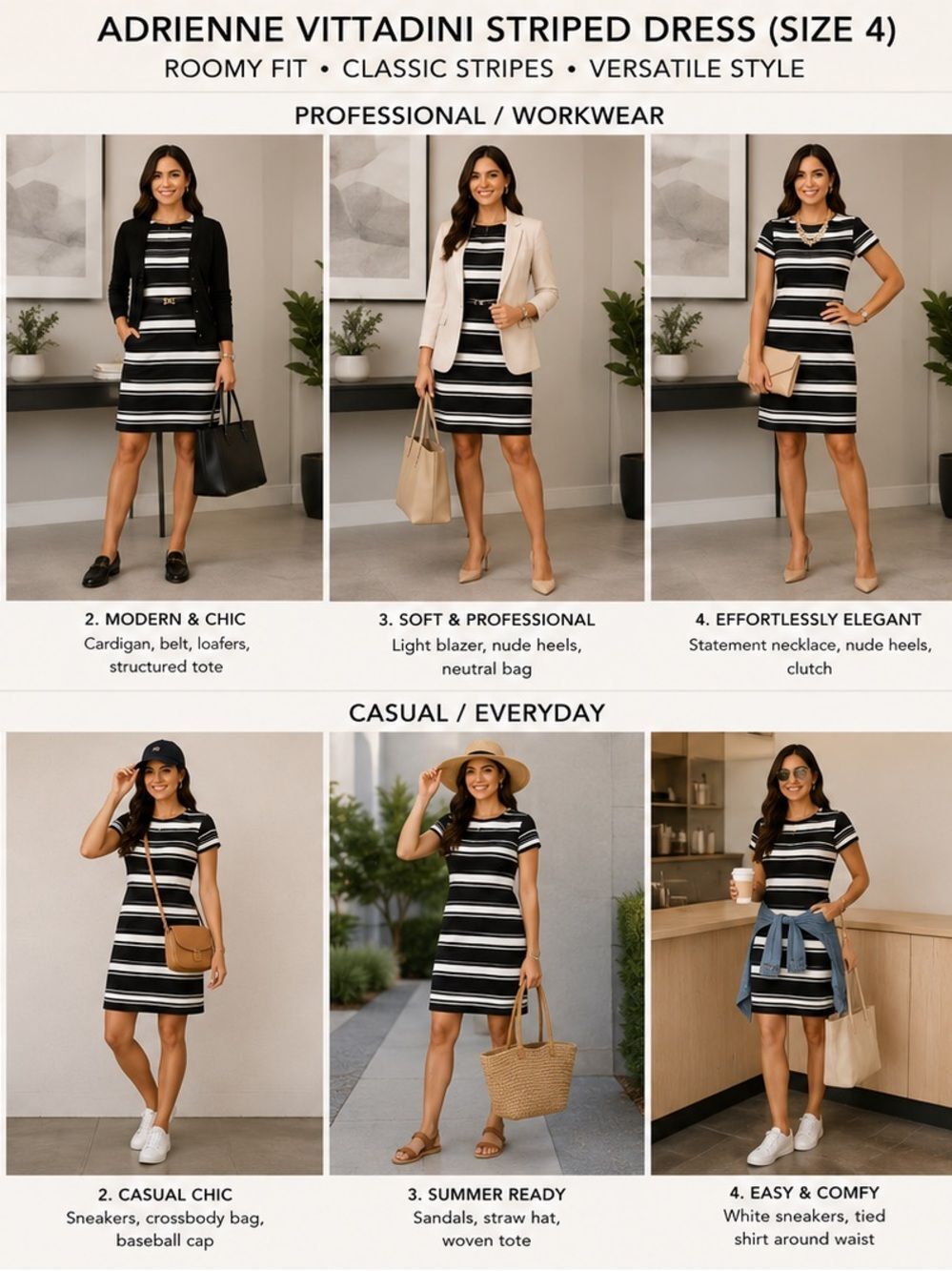 Adrienne Vittadini Black and White Striped Short Sleeve Shift Dress